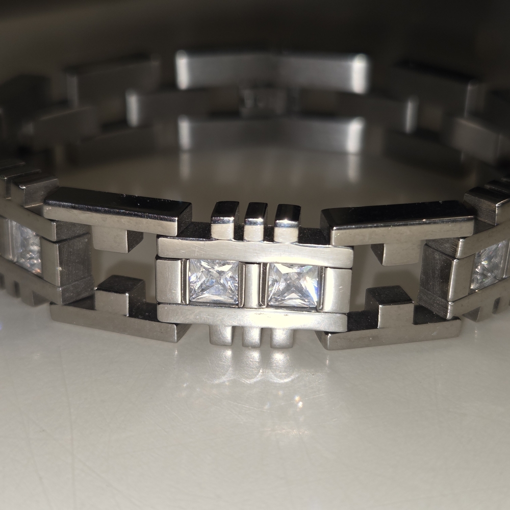 8¾" Unisex Silver Tone With Crystal Stones Stainless Steel Punk Vintage Bracelet